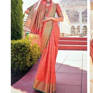 Silk peach/coral Saree/sari indian outfit with blouse and petticoat, size 6-10